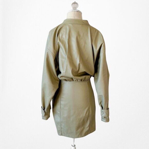 Zara Green Long Sleeve Faux Leather Utility Cargo Style Mini Dress Size S - Picture 7 of 8